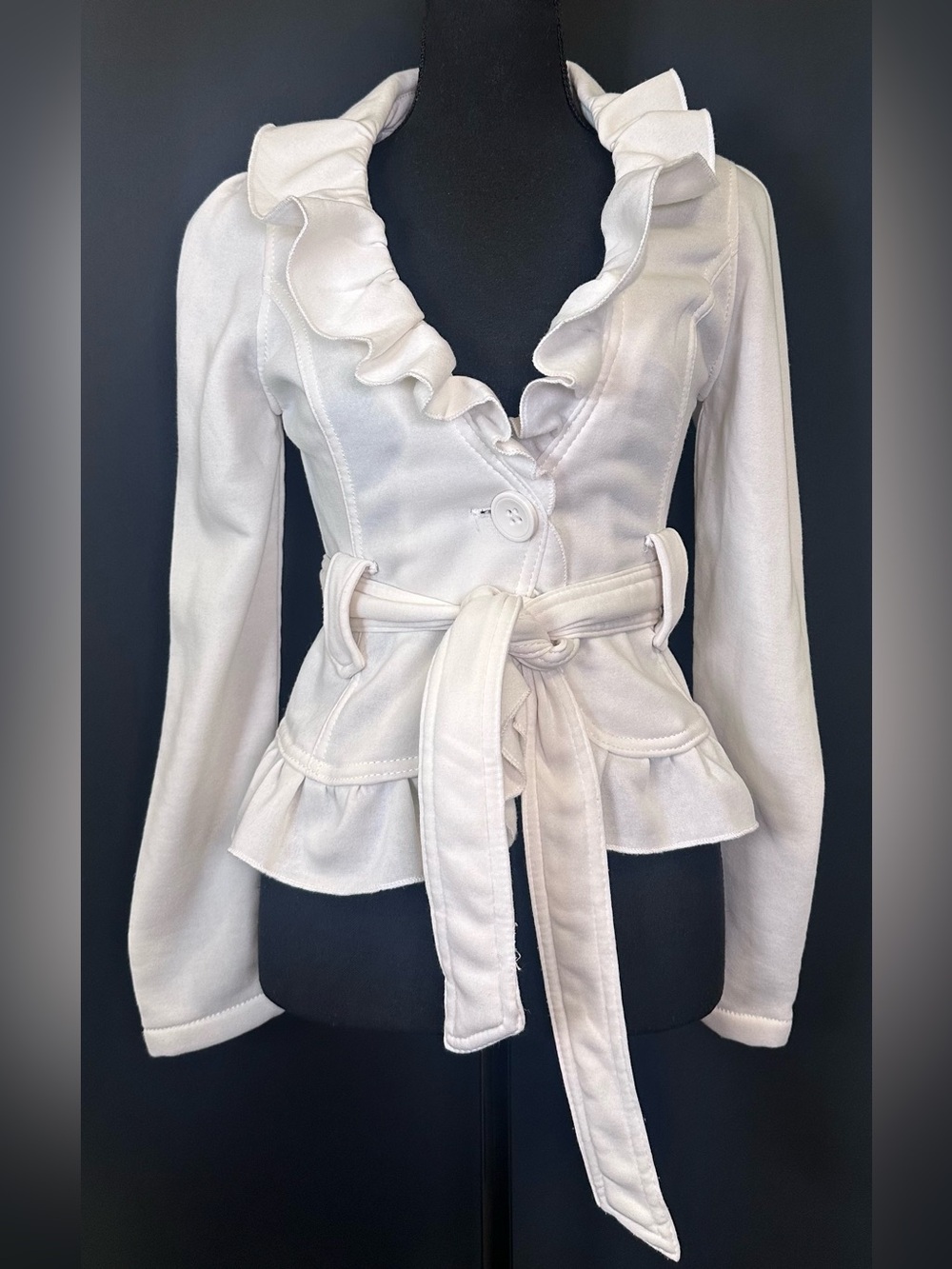 #219- Women's Cream Ruffle-Waist Tie Jacket - Picture 3 of 9